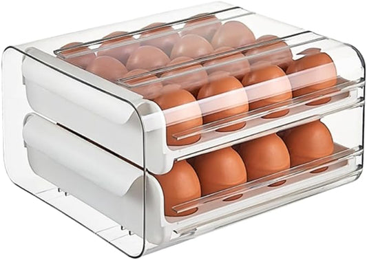 Egg Drawer for Refrigerator 32 Eggs, 2 Tier Clear Stackable Egg Holder with Drawer for Fridge, Drawer Type Egg Storage Box, Egg Tray Countertop (White)