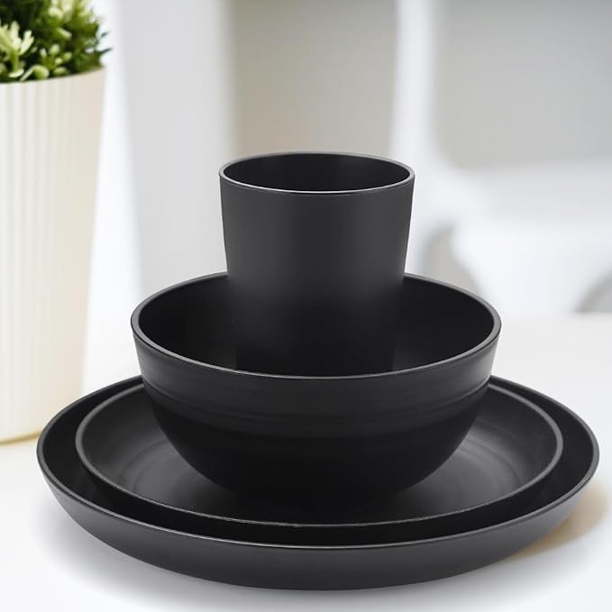 24-Piece Black Unbreakable Wheat Straw Dinnerware Set -Plates and Bowls Sets for 6, Eco-friendly Dishes Set for 6