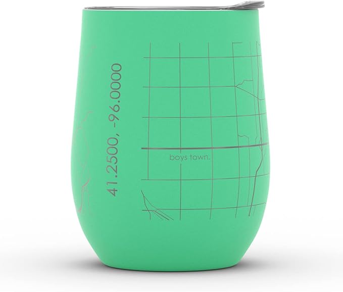 Well Told Engraved Omaha Nebraska Map Insulated Wine Tumbler, Etched Stainless Steel Cup (12 oz, Sunday Green) City Map Insulated Tumbler, Custom Insulated Tumbler, Outdoor Drinkware