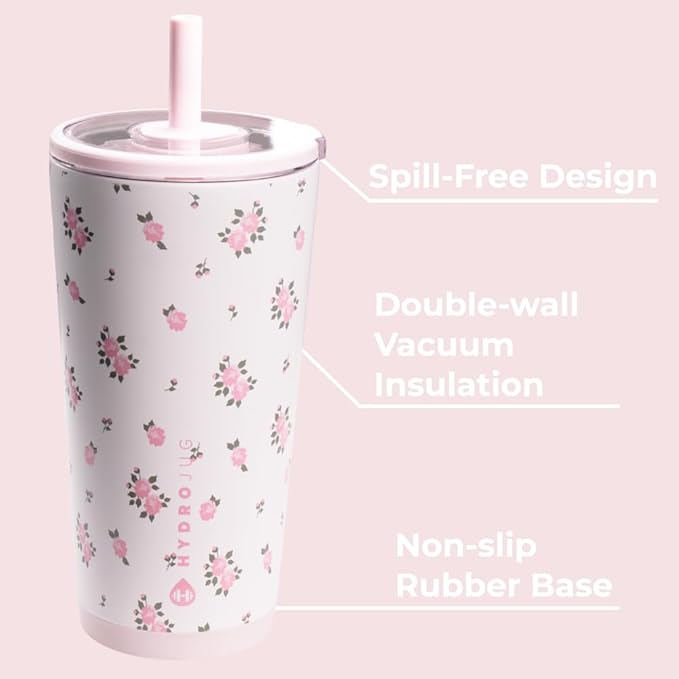 HydroJug Everyday Tumbler 20 oz – Ceramic-Lined Insulated Tumbler with Straw and Soft-Touch Lid, Cup Holder Friendly, Double-Wall Vacuum Insulation, Reusable Travel Cup – Wildrose