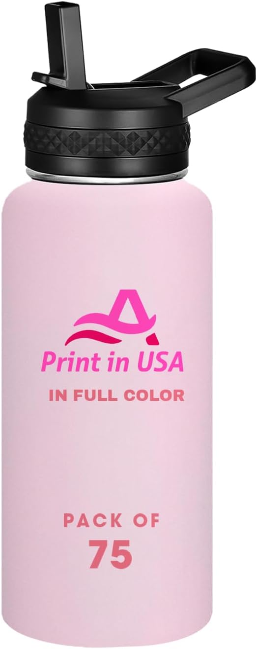 Personalized Custom Print in USA Water Bottle 75Pcs 32oz Stainless Steel Double Wall Coffee Cup with Lid & Straw Insulated Tumbler with Colorful Text Logo Photo