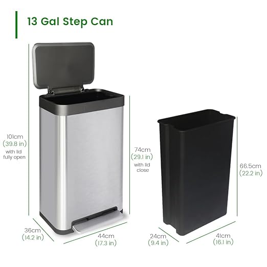 13 Gallon Stainless Steel Trash Can with Removable Inner Bucket, Soft Close & Stay Open Lid, Step-on Pedal – Modern Kitchen Garbage Can for Home, Office, or Commercial Use