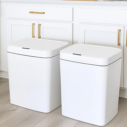 4 Gallon Automatic Sensor Trash Can - Smart Touchless Garbage Bin with Lid, Plastic Waterproof Material for Bathroom, Office, Kitchen, Bedroom (10.63 x 7.17 x 12.13 inches) Two White Pieces