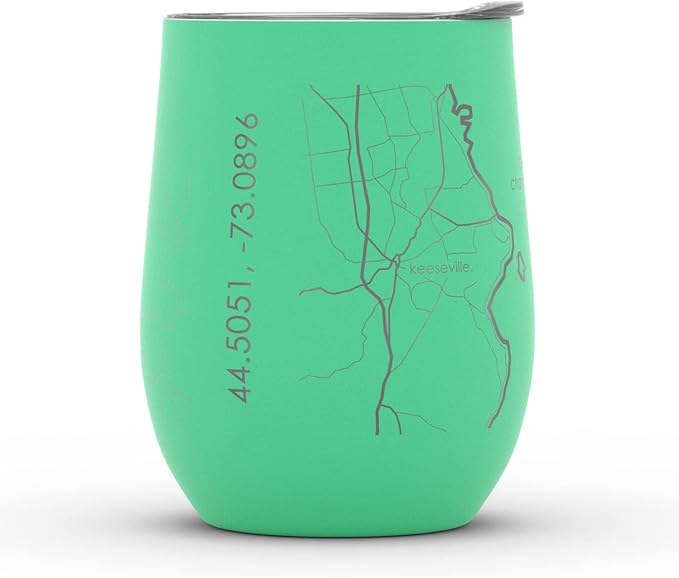 Well Told Engraved Burlington Vermont Map Insulated Wine Tumbler, Etched Stainless Steel Cup (12 oz, Sunday Green) City Map Insulated Tumbler, Custom Insulated Tumbler, Outdoor Drinkware