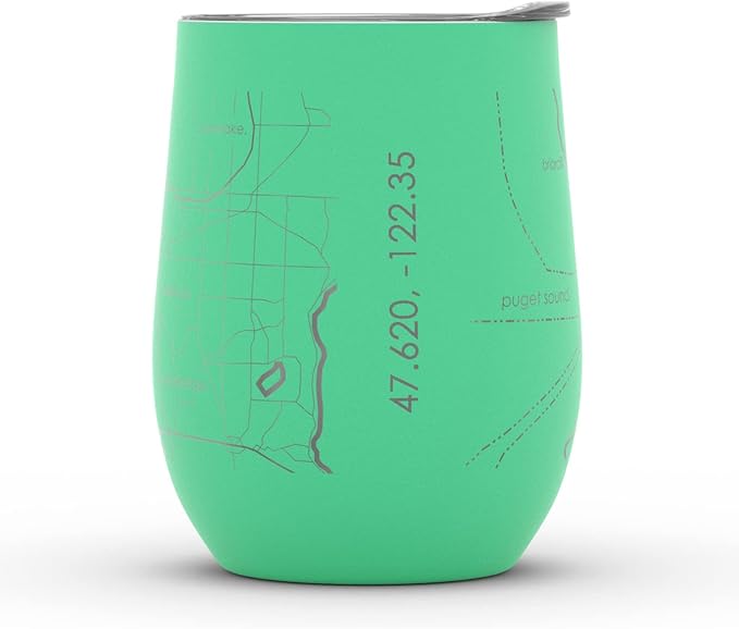Well Told Engraved Seattle Washington Map Insulated Wine Tumbler, Etched Stainless Steel Cup (12 oz, Sunday Green) City Map Insulated Tumbler, Custom Insulated Tumbler, Outdoor Drinkware