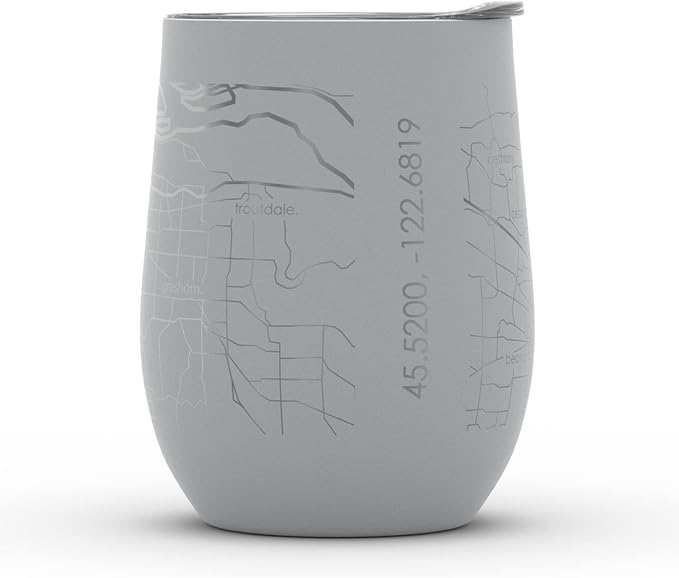 Well Told Engraved Portland Oregon Map Insulated Wine Tumbler, Etched Stainless Steel Cup (12 oz, Dockside Gray) City Map Insulated Tumbler, Custom Insulated Tumbler, Outdoor Drinkware