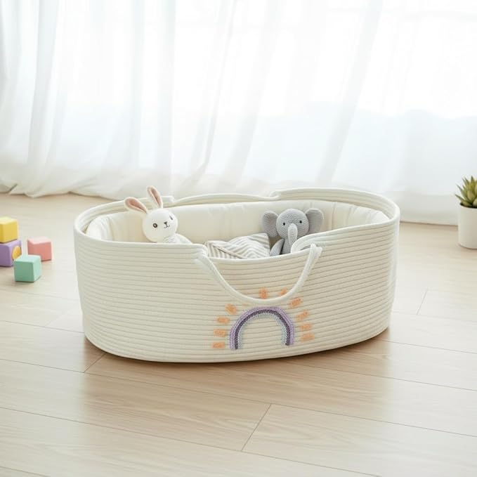 Breathable Foldable Baby Bassinet Basket, Cotton Rope Storage Organizer with Handles for Newborn Nap, Nursery, Living Room, Pet Carrier 28 × 16in