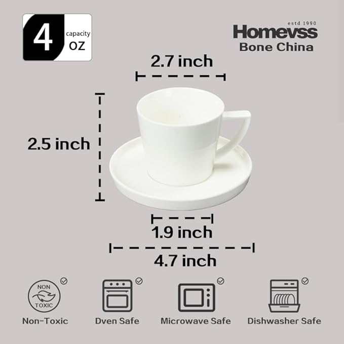 Bone China Cone Shape, Elegance White Cup Espresso 5oz & Saucer, Set of 6 cups and 6 Saucers