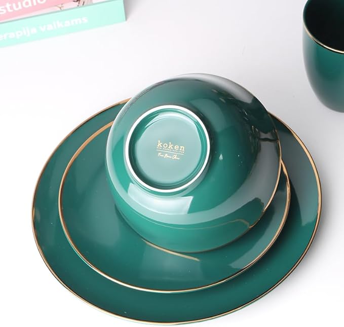 KOKEN - 16 Pc Bone China Dinnerware Sets – Esmerald china dinnerware set - Plates and Bowls Sets Dishes Set for 4 – Kitchen Plates, mugs, Bowls - Microwave safe china sets for home - Dining set, Blue