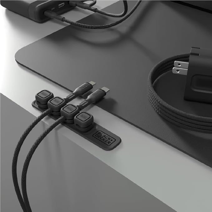 BLACK+DECKER 4 Pack Magnetic Cable Clips w/Metal Plate, Adhesive Wire Holder Keeper Organizer for Home Office Phone Car Wall Desktop Nightstand