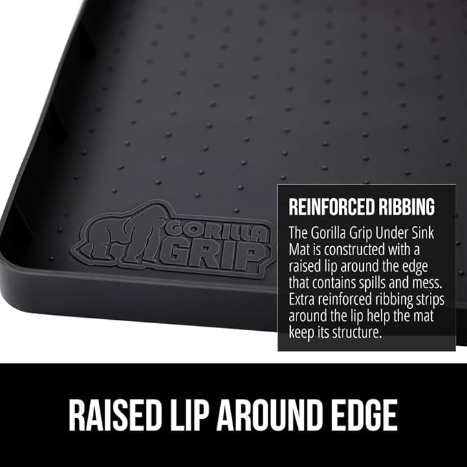 GORILLA GRIP Waterproof Silicone Under Sink Mat with Raised Lip for Kitchen and Bathroom, 31 x 22 in, Cabinet Shelf Liner Stay in Place Mats Dishwasher Safe Drawer Liner, Organizer Tray, Black