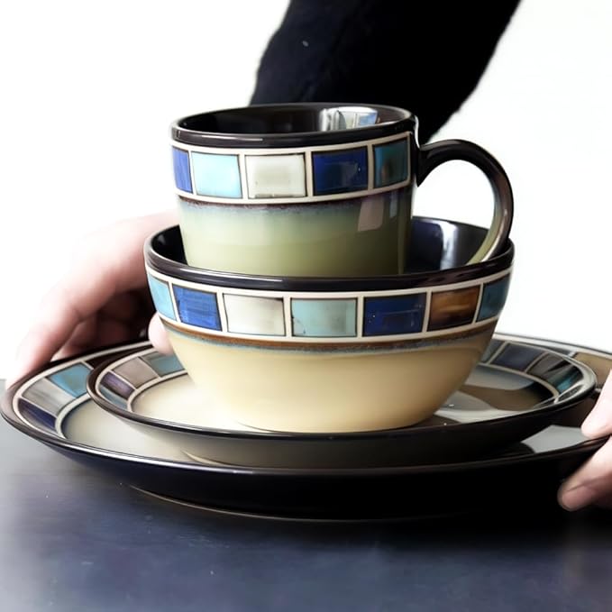 Ceramic Dinnerware Set of 4, 4 Pieces Dishes Set,Plate and Bowl Set, Unique Gift Idea, Scratch Resistant Dishes, Dishwasher & Microwave Safe(Blue)