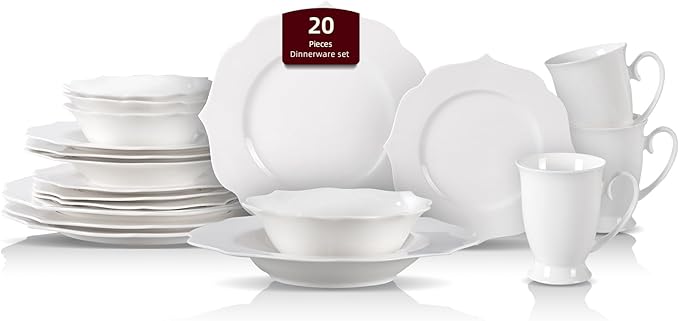 HomeVss, New Bone China Dinnerware Set, Embossed Lotus Design, 20pc Set