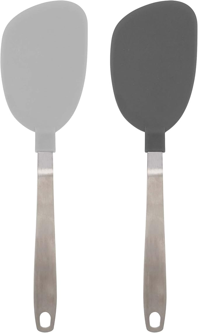 Tovolo Mini Turner Spatula with Stainless Steel Handle Set of 2 Wide Nylon Spatula for Flipping Eggs Fish Pancakes, Small Flipper Silicone Cooking Turner Charcoal & Oyster Gray