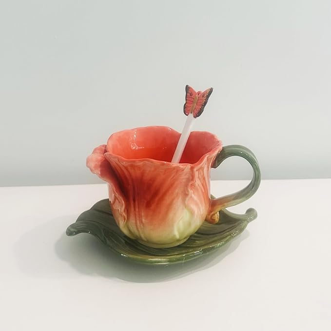 Ceramic Tea Cup and Saucer Set ，6OZ 3D Hand-Painted Flower Coffee Mug，Gift for Women -Orange Tulip