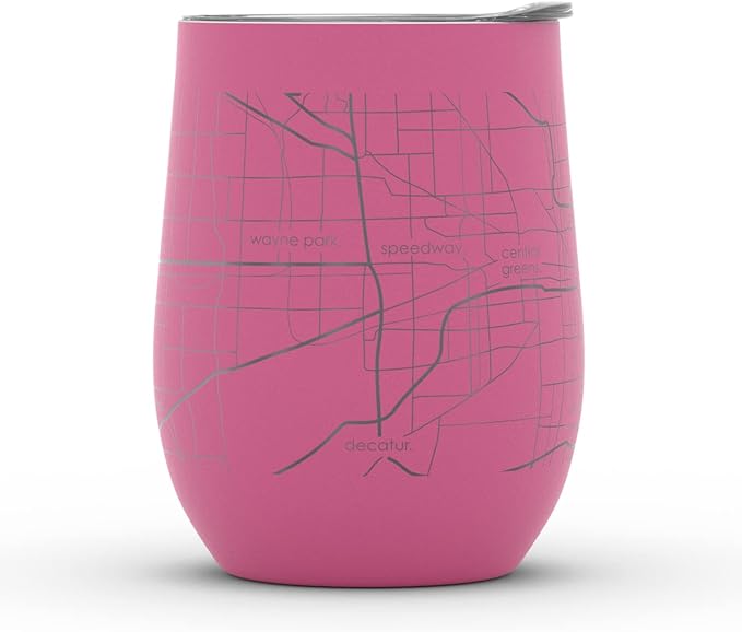 Well Told Engraved Indianapolis Indiana Map Insulated Wine Tumbler, Etched Stainless Steel Cup (12 oz, Sunset Pink) City Map Insulated Tumbler, Custom Insulated Tumbler, Outdoor Drinkware