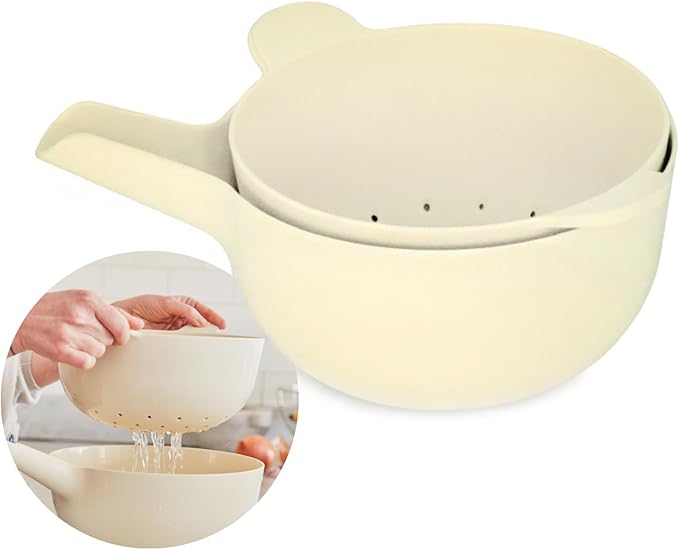 EKOBO Small Mixing Bowl and Colander Set White– 60 oz BPA-Free Eco-Composite – Nesting Kitchen Mixing Bowls for Washing Mixing Serving – Compact Dishwasher Safe Kitchen Essentials