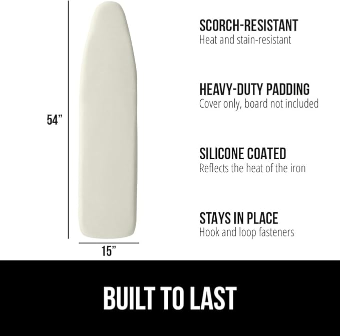 GORILLA GRIP The Original Ironing Board Cover and Pad, Silicone Coating, Thick Scorch Resistant Padding, Heavy Duty Iron Covers Standard Boards, Hook and Loop Fastener Strap, Linen, 15x54