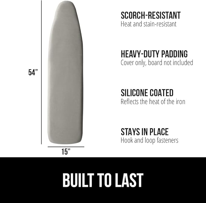 GORILLA GRIP The Original Ironing Board Cover and Pad, Silicone Coating, Thick Scorch Resistant Padding, Heavy Duty Iron Covers Standard Boards, Hook and Loop Fastener Strap, Silver, 15x54