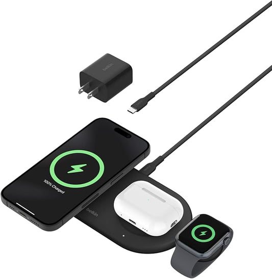 Belkin 3-in-1 MagSafe-Compatible Wireless Charging Pad with Qi2 15W - iPhone Charger - Fast Charging Wireless Charging Station for iPhone 17, 16, & 15 Series, AirPods, Apple Watch, & More - Black