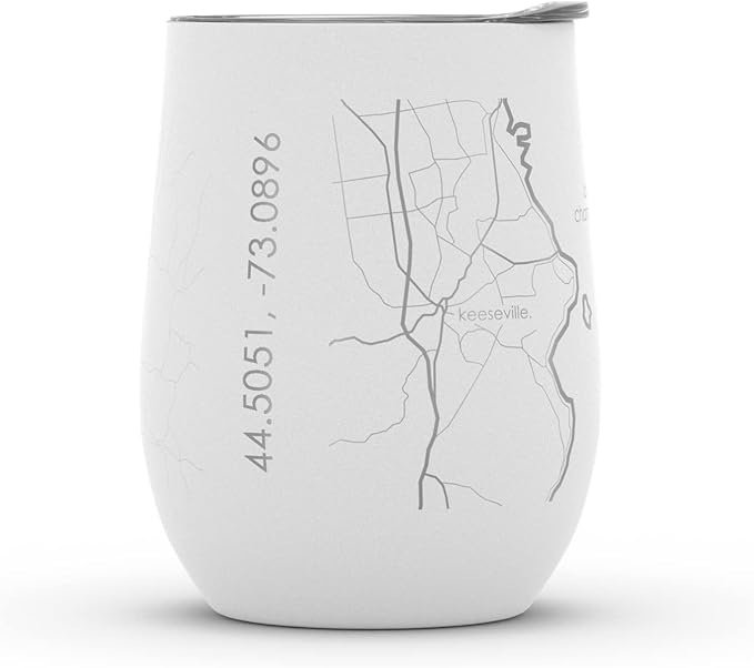 Well Told Engraved Burlington Vermont Map Insulated Wine Tumbler, Etched Stainless Steel Wine Tumbler (12 oz, White) City Map Insulated Tumbler, Custom Insulated Tumbler, Outdoor Drinkware