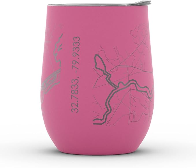 Well Told Engraved Charleston South Carolina Map Insulated Wine Tumbler, Etched Stainless Steel Cup (12 oz, Sunset Pink) City Map Insulated Tumbler, Custom Insulated Tumbler, Outdoor Drinkware
