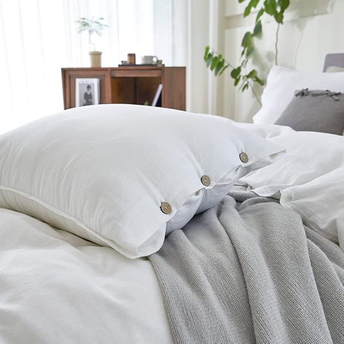 EVERLY 100% Pure Linen Duvet Cover Set California King Size 104X98Inch 3pcs (1 Duvet Cover,2 Pillowcases) Soft and Breathable for All Season with Coconut Button Closure,Suitable for Hot Sleepers-White
