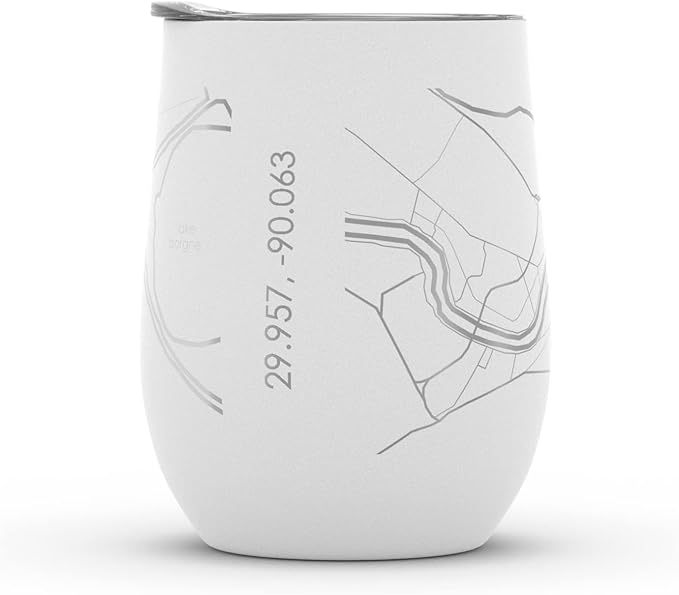 Well Told Engraved New Orleans Louisiana Map Insulated Wine Tumbler, Etched Stainless Steel Wine Tumbler (12 oz, White) City Map Insulated Tumbler, Custom Insulated Tumbler, Outdoor Drinkware
