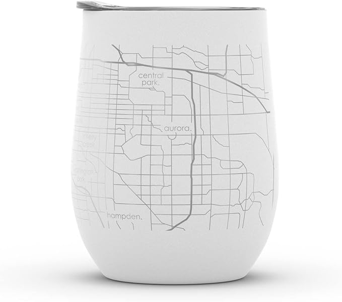 Well Told Engraved Denver Colorado Map Insulated Wine Tumbler, Etched Stainless Steel Wine Tumbler (12 oz, White) City Map Insulated Tumbler, Custom Insulated Tumbler, Outdoor Drinkware