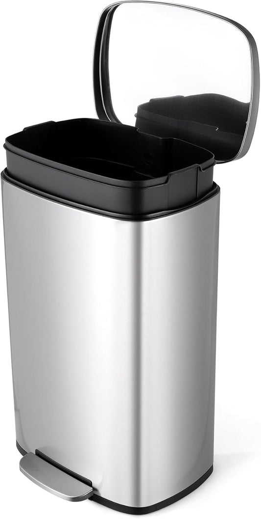 8 Gal Kitchen Trash Can, 30L Recycling or Garbage Bin, Brushed Stainless Steel Waste Basket, Soft&Quiet Close Dustbin, with Step-On Pedal, Removable Inner Bucket, for Home, Office, Living Room