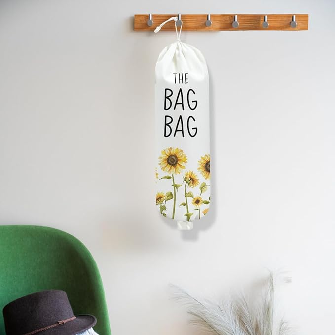 Sunflower Plastic Bag Holder for Kitchen Essentials, Wall Mount Grocery Bag Holder for Plastic Bags, Floral Reusable Grocery Bags Storage Dispenser for Home Kitchen Decor, Sunflower Gifts for Women