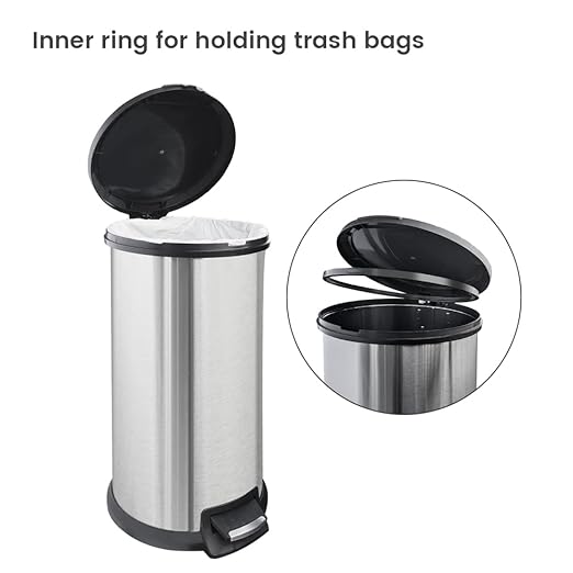10 Gallon Trash Can with Lid, Tall Round Stainless Steel Kitchen Garbage Can with Plastic Lid, Liner Free Step-on Pedal Hand Free Trash Can, 40 Liter Capacity, Silver