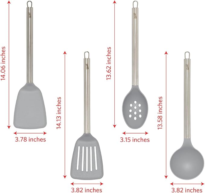 Glad Kitchen Utensils Set, 8pcs - Nonstick Cooking Tools with Stainless Steel Handles & Rotating Utensil Holder - Turners, Ladle, Spoon, Tongs, Spaghetti Server, and Skimmer - Dishwasher Safe, Grey