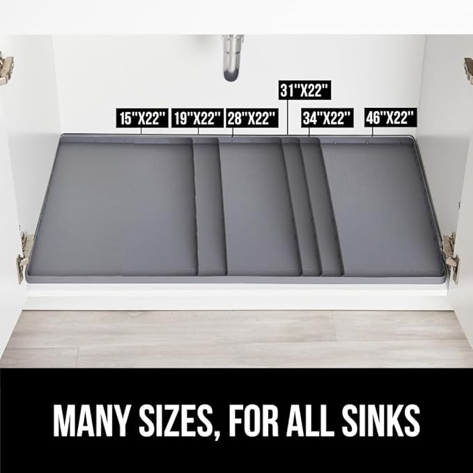 GORILLA GRIP Waterproof Silicone Under Sink Mat with Raised Lip for Kitchen and Bathroom, 28 x 22 in, Cabinet Shelf Liner Stay in Place Mats Dishwasher Safe Drawer Liner, Organizer Tray, Gray
