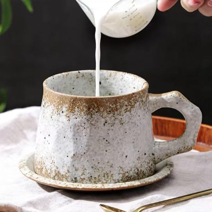 10oz Unique Vintage Retro Handmade Ceramic Cappuccino Barista Cup with Saucer –Rustic Stoneware Coffee Mug, Lead-Free Latte Art Mug，Handmade ceramic cappuccino cups or tea cup (biege)