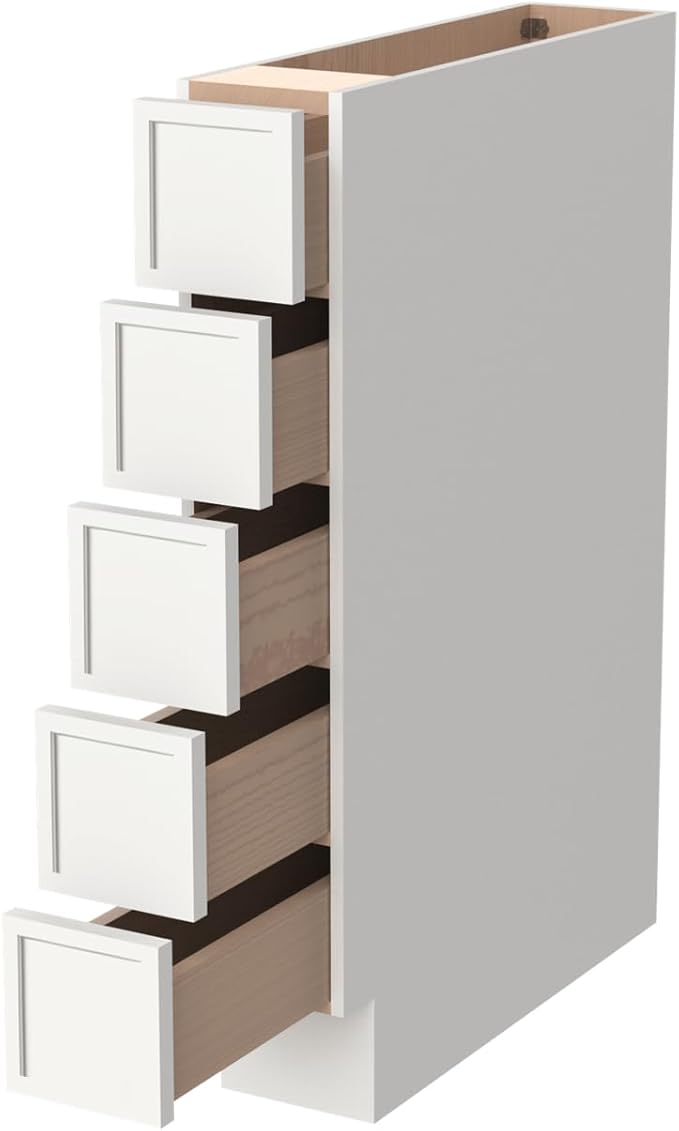 Solid Wood 5-Drawer Spice Cabinet for Kitchen, Soft Close Drawer Glides, Freestanding Storage Organizer, Fits 6" Base Cabinets, Natural Birch Wood (NT-Origami White, 6" W x 24" D x 34.5" H)