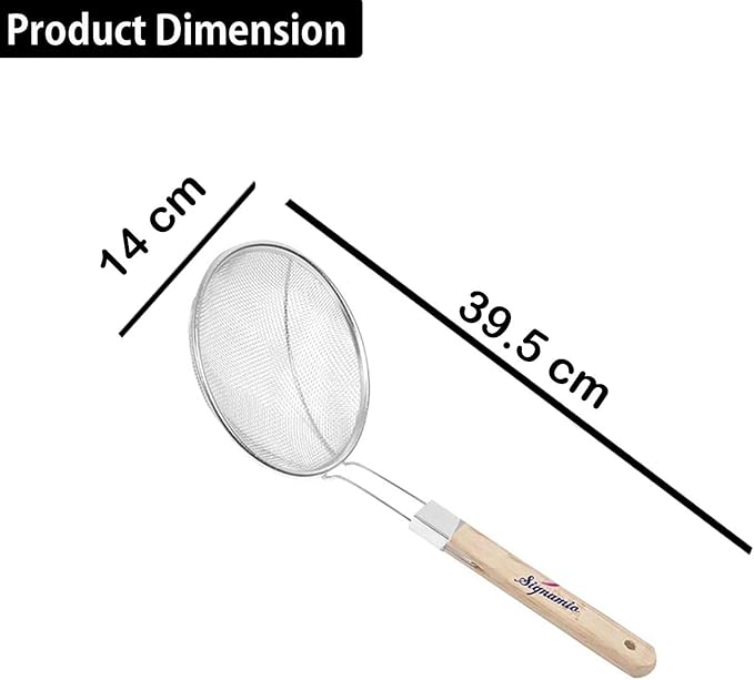 Diameter 14 cm Stainless Steel Deep Fry Net Spoon Oil Strainer for Kitchen - Frying Spoon for Puri & Poori Strainer Kitchen Utensil for Frying, Cooking & Straining Tool Wood Handle