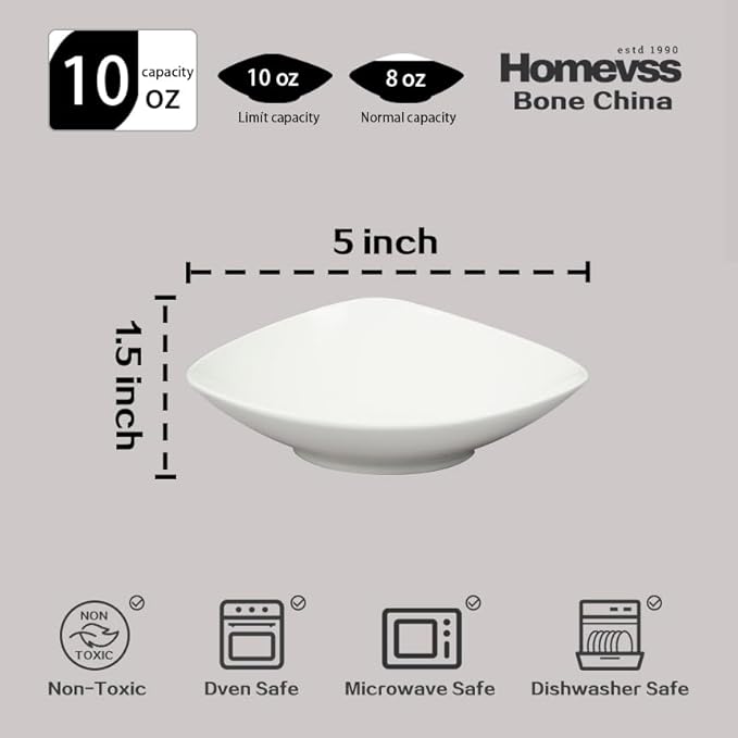 Bone China Elegance White Triangle Bowl 10oz, 5inch x 5inch, Set of 6 Pieces