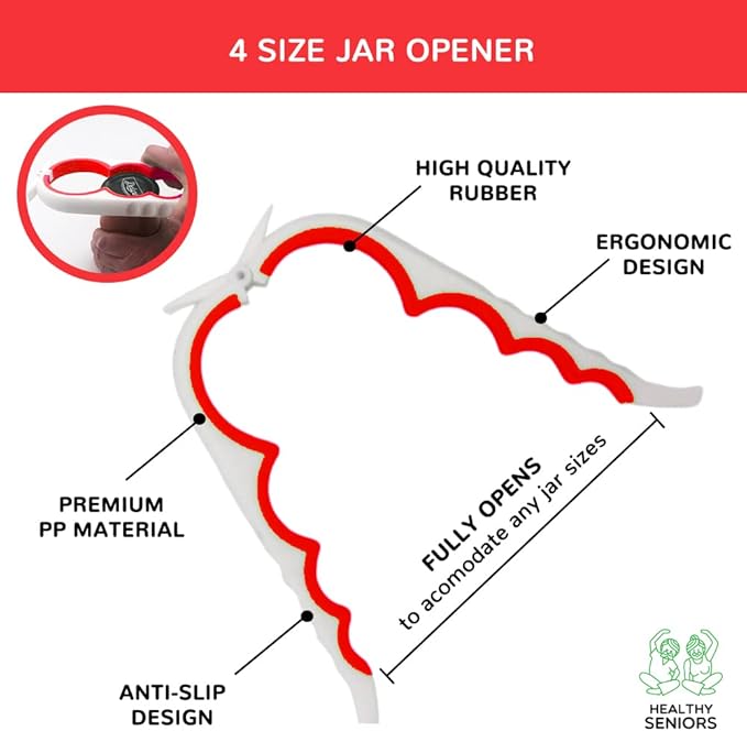Jar Opener for Weak Hands and Seniors with Arthritis, 5 in 1 Multi Function Bottle Opener Lid Opener For Arthritic Hands with Non Slip Gripper For Opening Jars And Bottles (Red)