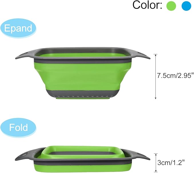 Collapsible Colander Set, 2pcs Silicone Square Foldable Strainer Space Saving Suitable for Pasta, Vegetables, Fruits - Blue Green Small