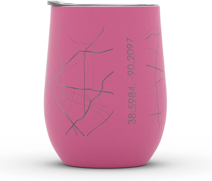 Well Told Engraved St. Louis Missouri Map Insulated Wine Tumbler, Etched Stainless Steel Cup (12 oz, Sunset Pink) City Map Insulated Tumbler, Custom Insulated Tumbler, Outdoor Drinkware
