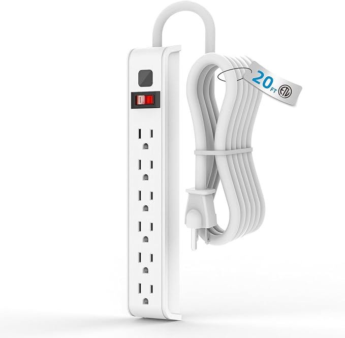 Surge Protector Power Strip, 4 Feet Extension Cord, 600 Joules Surge Protection, Multiple Protection 6 Outlet Strip, ETL Listed, White (20 FT 1PACK)