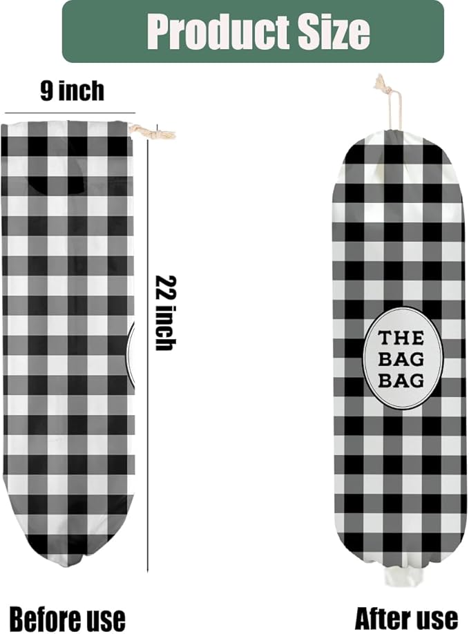 Black and White Checkered Plastic Bag Holder, Wall Mount Grocery Bag Holder for Plastic Bags, Reusable Washable Grocery Bags Storage Dispenser for Home Kitchen Pantry Decor, Vintage Gifts for Women