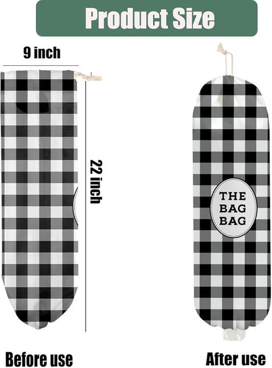 Black and White Checkered Plastic Bag Holder, Wall Mount Grocery Bag Holder for Plastic Bags, Reusable Washable Grocery Bags Storage Dispenser for Home Kitchen Pantry Decor, Vintage Gifts for Women