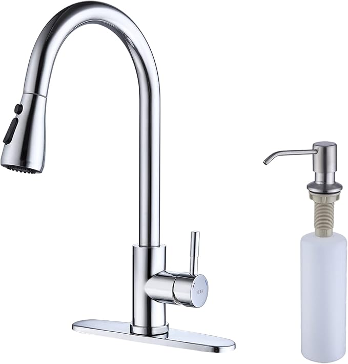Keer Polished Chrome Single Handle Pull Down Kitchen Faucet with Soap Dispenser, 3 Modes Sprayer, Easy Assembly, Single Handle High Arc Stainless Steel Faucet