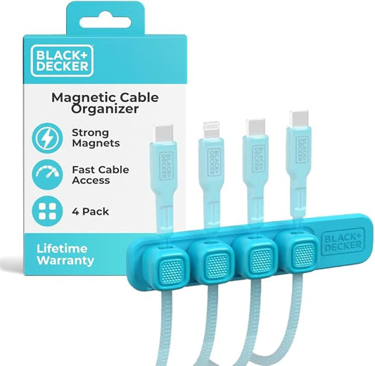 BLACK+DECKER 4 Pack Magnetic Cable Clips w/Metal Plate, Cord Organizer Adhesive Wire Holder Keeper Organizer for Home Office Phone Car Wall Desktop Nightstand (Loch Ness)