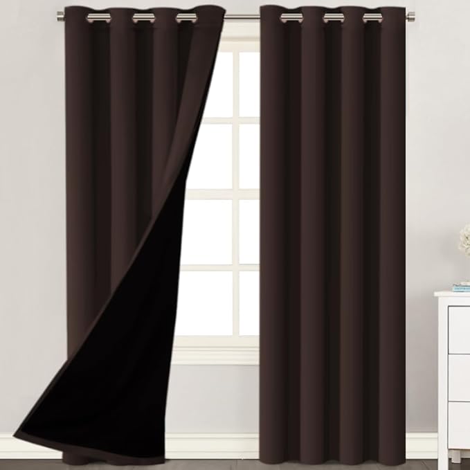 H.VERSAILTEX 100% Blackout Curtains 84 Inches Long (2 Layers) Full Light Blocking Window Curtain Draperies with Black Liner for Bedroom Thermal Insulated Soft Thick Silky Grommet 2 Panels, Brown