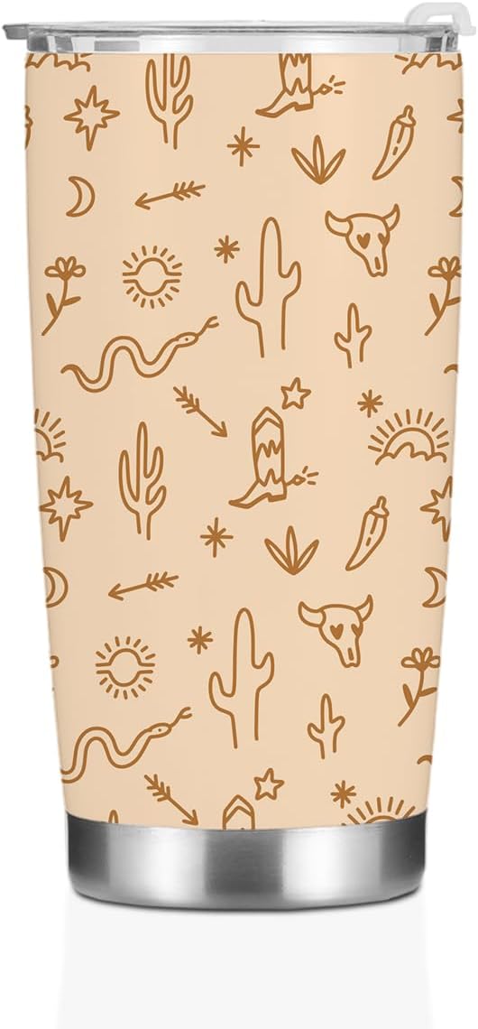 Birthday Christmas Decor Boho Western Coffee Tumbler, 20 oz Tumblers, Insulated Coffee Mug, Stainless Steel Thermal Cup Travel Coffee Cup, Cow Print Western Gifts for Women Men Coworker Appreciation