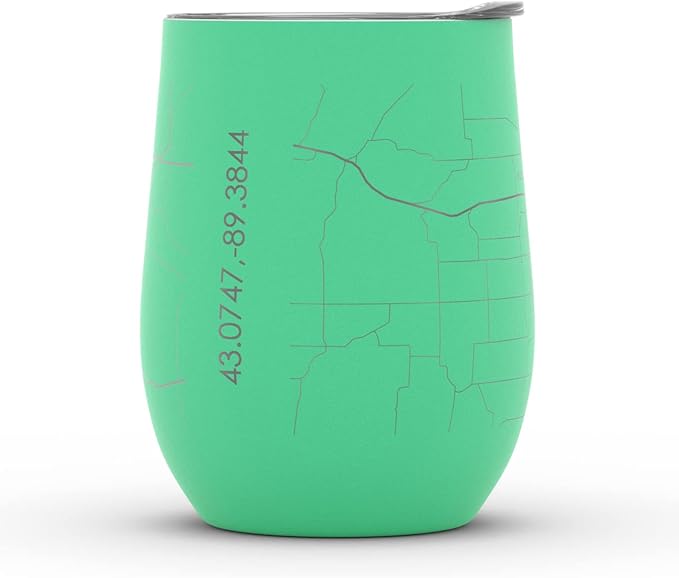 Well Told Engraved Madison Wisconsin Map Insulated Wine Tumbler, Etched Stainless Steel Cup (12 oz, Sunday Green) City Map Insulated Tumbler, Custom Insulated Tumbler, Outdoor Drinkware