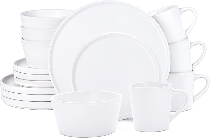 Plates and Bowls Sets for 4 - CJDC-QUELO 16 Piece Stoneware Dinnerware Sets with Mugs, Ceramic Dishware Sets for Kitchen Dining Use, Chip and Scratch Resistant Microwave Dishwasher Safe, White